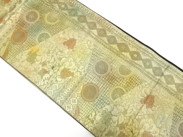 切りばめ風　丸紋に花唐草模様織り出し　袋帯